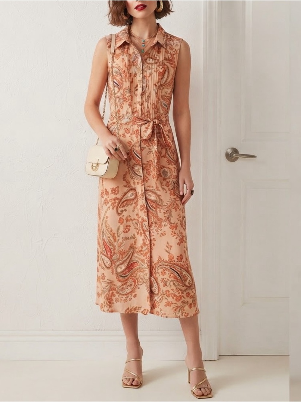 Nanette Lepore Peach Paisley Floral Shirt Dress Size 12 Sleeveless Pleated❤️